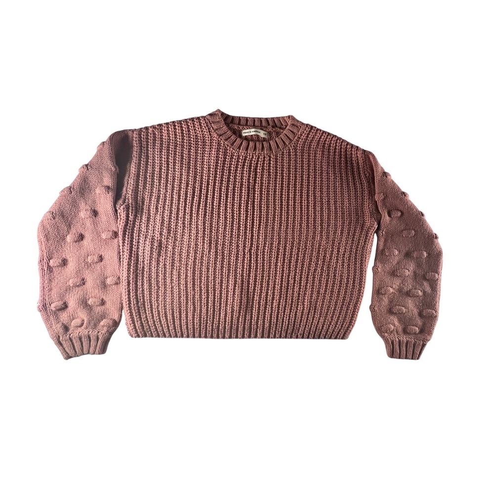 Moon & Madison XS Sweater Pale Pink Knit Bobble Sleeve Crew Neck Pullover Chunky